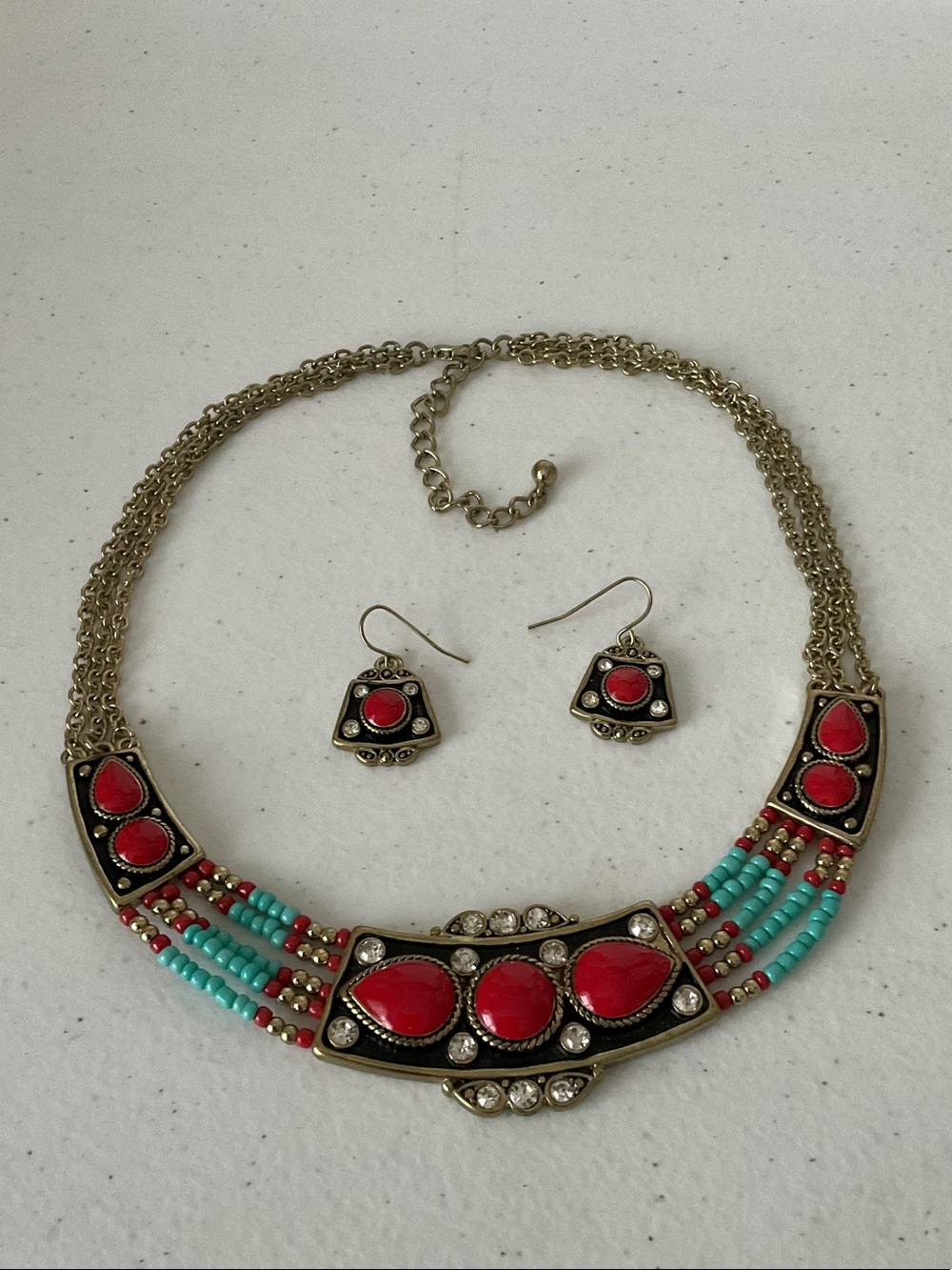 Gold-Tone Necklace & Earring Set with Red and Turquoise Accents
